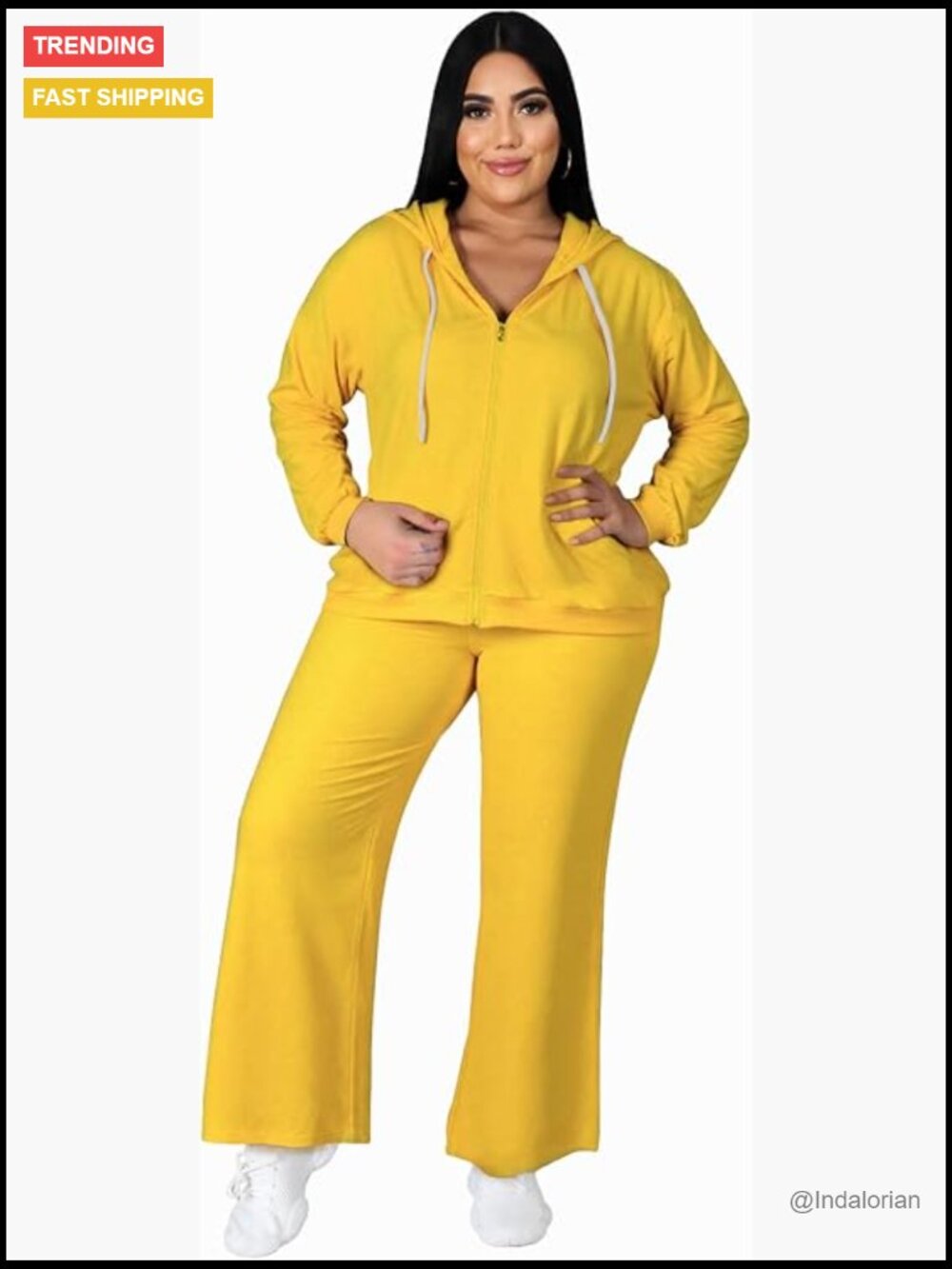 Plus Size Polyester Elastane Sweatsuit Set Long Sleeve Zip Hoodie Wide Leg Pants